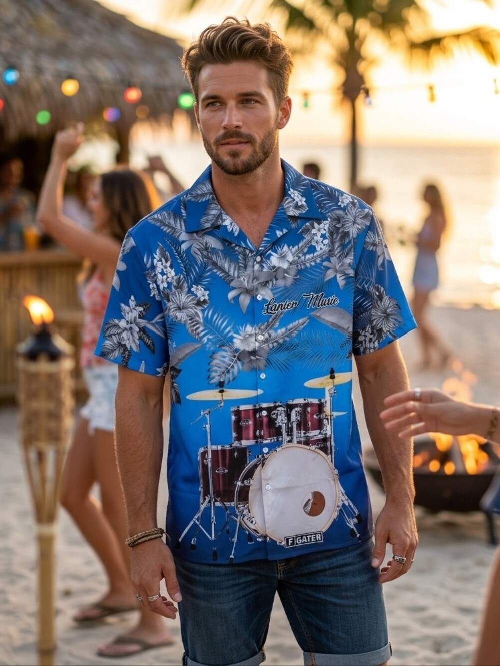 FG Lanier Music Drums Men's Button Down Casual Hawaiian Tropical Print Shirt XL